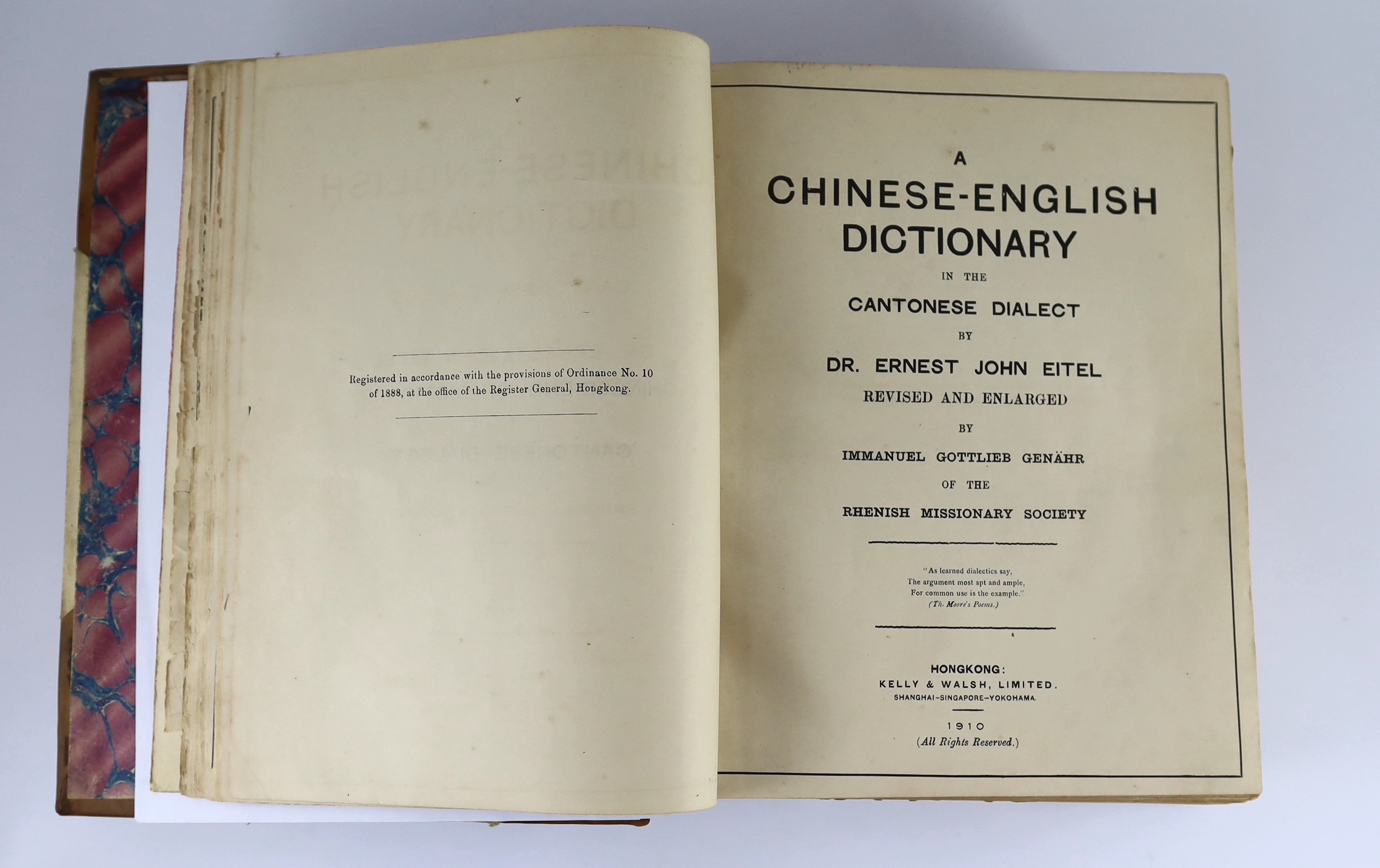 Eitel, Ernest John - A Chinese-English Dictionary in the Cantonese Dialect. (2nd edition), revised and enlarged by Immanuel Gottlieb Genahr ... (2 parts bound together); old half calf and buckram, panelled spine with bla